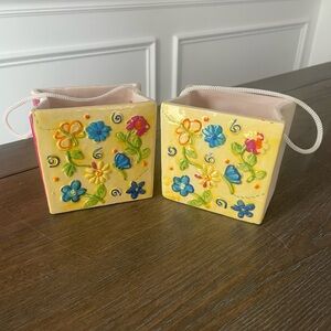 Floral Ceramic Planters/Gift Boxes w/ Rope Handle (2)